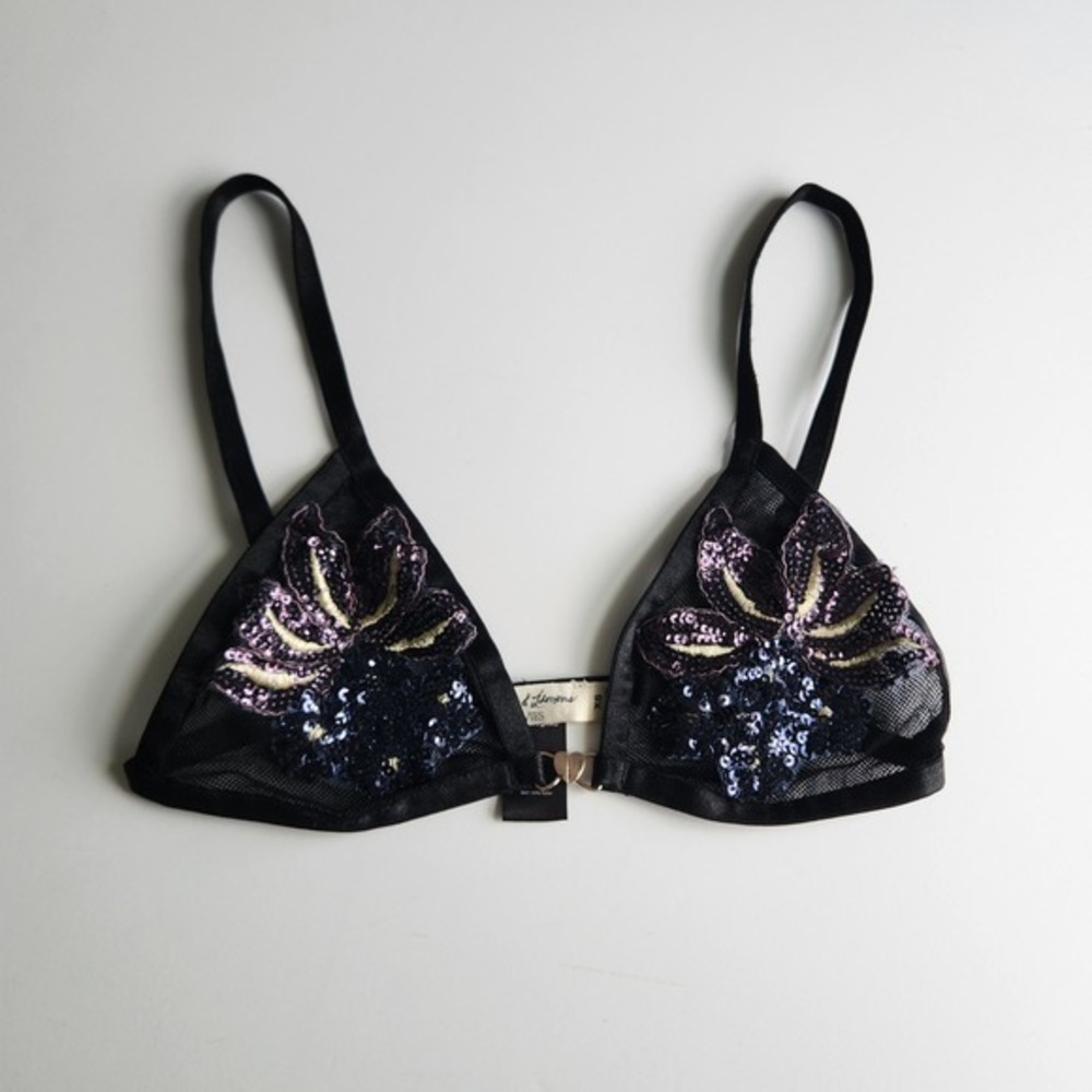 For Love & Lemons Skivvies Black Sequin Floral Mesh Triangle Bralette XS